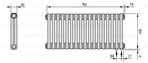 Схема (чертеж) Радиатор Zehnder Charleston 2050/17 №5510 Белый глянцевый RAL 9016